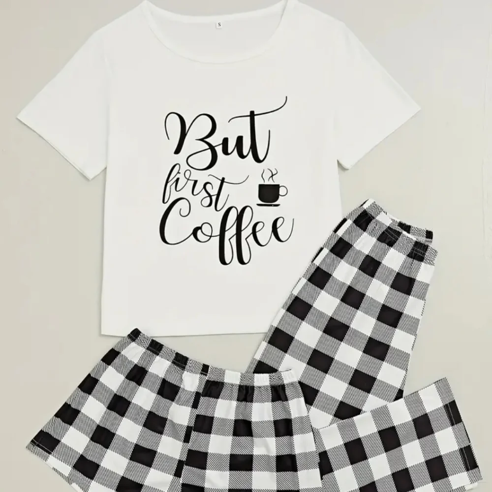 🤍🖤NEW🤍🖤SO CUTE!! Coffee Plaid 3PC Pajama Set - Picture 1 of 5